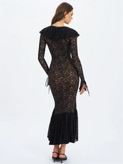 Black Lace Ruffled Long Sleeve Maxi Dress
