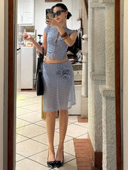 Blue Polka Dot Sheer Short Sleeve Top And Midi Skirt Set