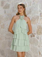 3D Flowers Ruffled Halter Tiered Mini Dress
