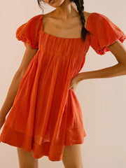 Puff Sleeve Babydoll  Square Neck Tie Back Mini Dress