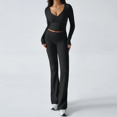 Solid V-Neck Long Sleeve Top and Elastic Flared Pant Set