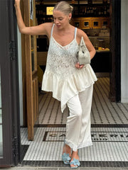 White Lace Printed Strap Long Top