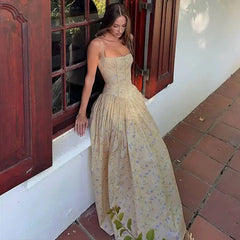 Floral Print Square Neck Strap Long Dress
