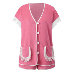 Button‑Down Short Sleeve Tassel Fringe Pocket Top And Shorts Loungewear Set