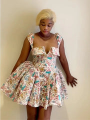 Floral Printed A-Line Low Cut Mini Dress