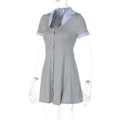 Knit Buttoned Collar Short Sleeve Mini Dress