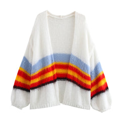 White Rainbow Stripe Fuzzy Cardigan
