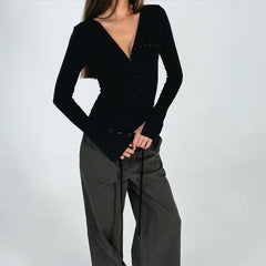 Button Long Sleeve Hollowed Out Top