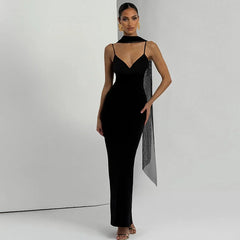 Strappy Solid V-Neck Maxi Dress With Scarf