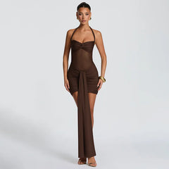 Mesh Patchwork Halter Bandage Wrap Bodycon Mini Dress