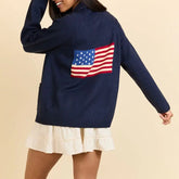 USA Ribbed Button-up Lapel V-Neck Loose Cadigan Flag Print