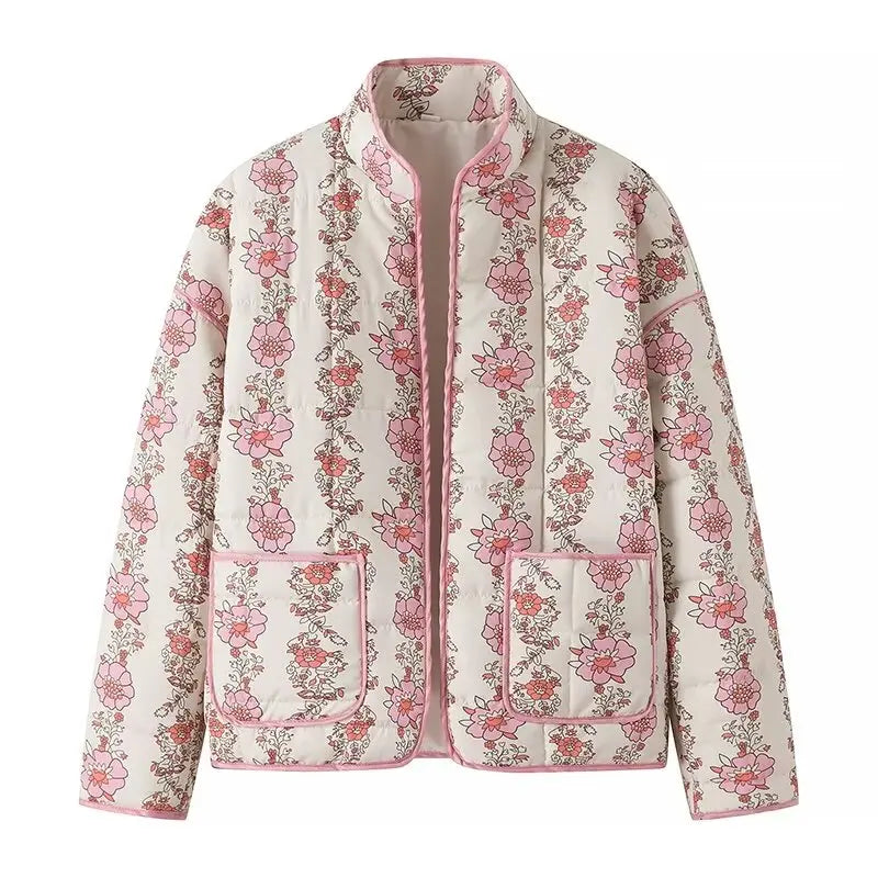 Pink Floral patterned jacket -full open with two pockets