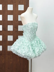 Strapless 3D Flower Appliques Frill Mini Dress
