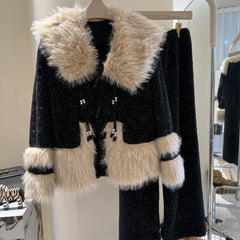 Black Fur Pulsh Flannel Shirt And Pants Pajama Set