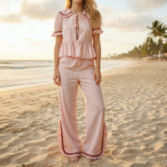 Pink Short Sleeve Round Neck Striped Top and Pants Lounge Wear Set