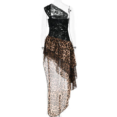 Lace One Shoulder Leopard Print Ruffle Asymmetrical Hem Midi Dress