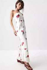Satin Halter Lace Trim Maxi Dress