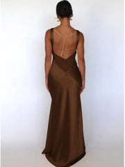 V-neck Satin Backless Pearl Chain Long Dress