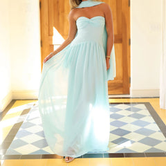 Pleated Strapless Maxi Dress with Choker Scarf