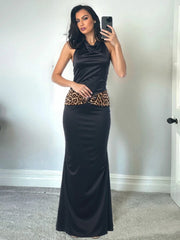 Black Satin Open Back Halter Leopard Sequins Patchwork Maxi Dress