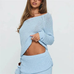 Blue Knit Long Sleeve Off Shoulder Top