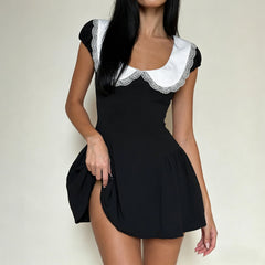 Black Peter Pan Collar Short Sleeve A-line Mini Dress