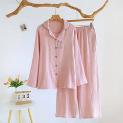 Embroidery Cotton Long-sleeved Shirt And Pants Two Piece Loungewear Set