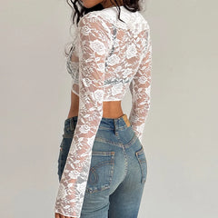 Sheer Lace Long Sleeve V‑Neck Ruffle Front Tie‑Up Crop Top