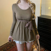 Brown Long Sleeve Babydoll Top with Dot Print Belt