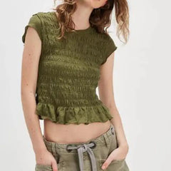 Smocked Ruffle Hem Short Sleeve Top