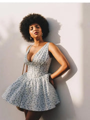 White Deep V-neck Blue Floral Print Mini Dress