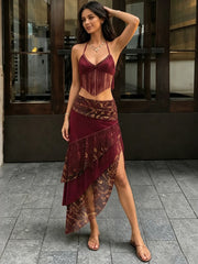 Burgendy Tassel Patchwork Halter Tank Top And Irregular Hem Midi Skirt Set