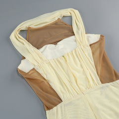 Yellow Patchwork Ruched Slit Wrap Around Sleeve Midi Dress