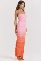 Pink Gradient Strapless Ruched Maxi Dress