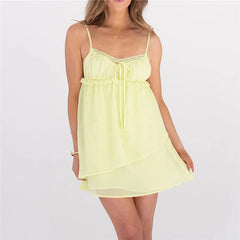 Yellow Strap Tiered Babydoll Mini Dress