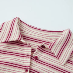 Ribbed Striped Collar Fitted Button T-Shirt