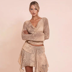 Animal Printed Long Sleeve Top And Irregular Skirt Matching Set