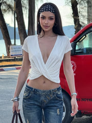 Deep V-neck Ruched T-shirt