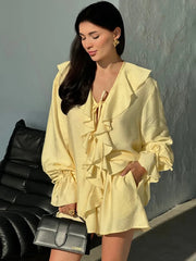 Ruffle Tie Up Shirt And Shorts Two Piece Set