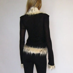 Mesh Faux Fur Patchwork Long Sleeve Top