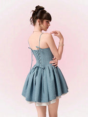 Blue Flower Applique Polka Dot Boned Corset Ruffle Mini Dress