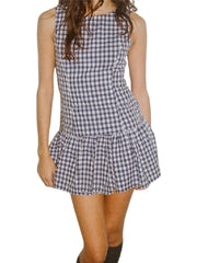 Plaid Print Round Neck Ruffles Hem Sleeveless Mini Dress