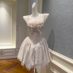 Stripe Floral Printed Bow Tulle Mini Ball Dress