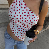 Irregular Hem Polka Dot One Shoulder Backless Tie Up Top