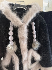 Black Fur Fleece 3 Piece Sleepwear Set