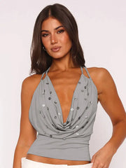 Grey Buttoned Beaded Cowl Deep Neck Tie Up Backless Top