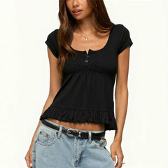 Short Sleeve Buttoned Ruched Bust T-Shirt