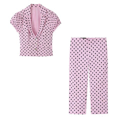 Pink Polka Dot Short Puff Sleeve Cropped Jacket And Capri Pants Set