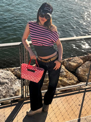 Pink Stripe Off Shoulder T-Shirt