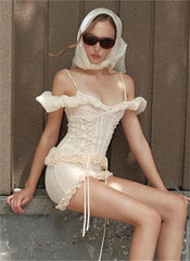 Ruffle Strap Lace Up Mesh Mini Bodycon Dress